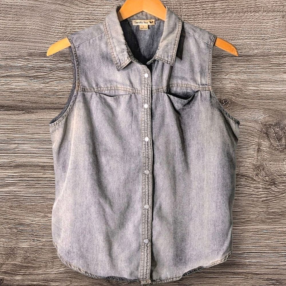 Double Zero Vintage Washed Grey Cotton Pearl Snap Up Short Back Vest Size L